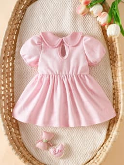 Summer New Arrival: Pink Bow-Tie Peter Pan Collar Puff Sleeve Short-Sleeve Dress for Newborn Baby Girls Sweet, Cute, Elegant, an
