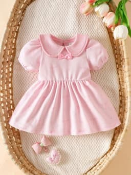 Summer New Arrival: Pink Bow-Tie Peter Pan Collar Puff Sleeve Short-Sleeve Dress for Newborn Baby Girls Sweet, Cute, Elegant, an