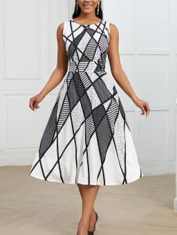 Women Summer Elegant Sleeveless Vintage Round Neck Work and Leisure Midi Geometric Print Party Swing Dress