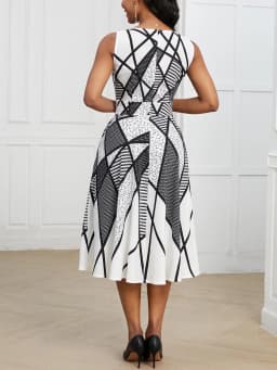 Women Summer Elegant Sleeveless Vintage Round Neck Work and Leisure Midi Geometric Print Party Swing Dress