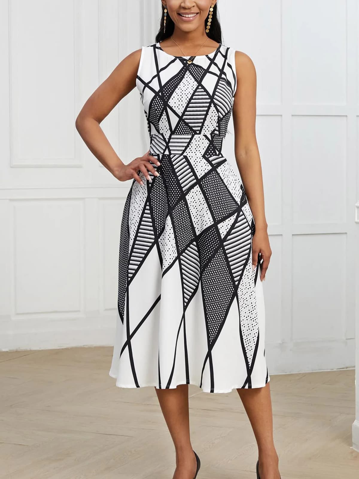 Women Summer Elegant Sleeveless Vintage Round Neck Work and Leisure Midi Geometric Print Party Swing Dress