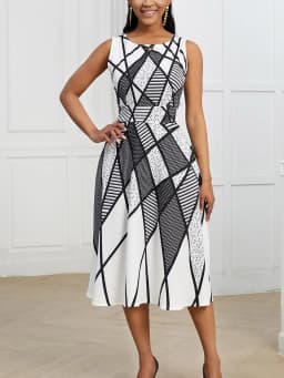 Women Summer Elegant Sleeveless Vintage Round Neck Work and Leisure Midi Geometric Print Party Swing Dress