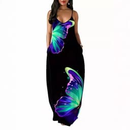 Large size European and American new women's butterfly print sexy V-neck long skirt with suspender dress