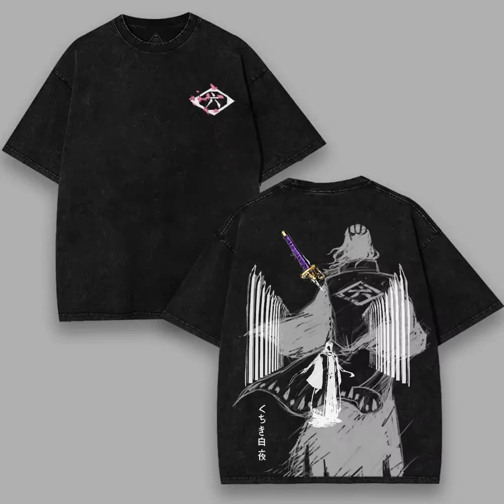 BLEACH Kuchiki Byakuya T-shirt Anime Vintage Washed Oversized Tee Shirt Summer Short Sleeve 100% Cotton Men's Clothing Tops