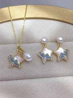 ZHBORUINI Natural Freshwater Pearl Pendant Earrings Cute Style Natural Sea Shell Star Micro Inlaid Zircon Pearl Set