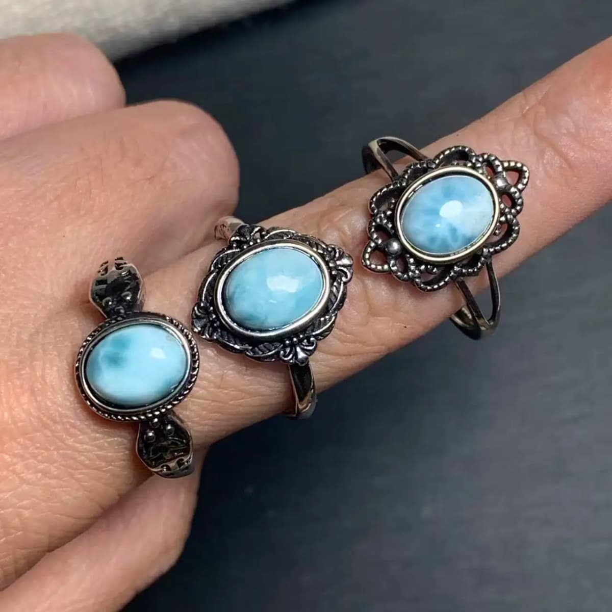 Natural Larimar Ring Adjustable Female Heart ring Jewelry for Women Gift Wholesale High Quality Vintage Fine