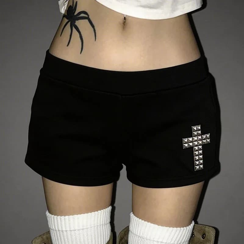 American Gothic Cross Rhinestone Decoration Low Waist Sexy Hot Pants Summer Casual Street Shorts Aesthetic Simple Slim Minipants