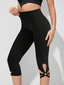 400 Women'S Cut-Out Hollow Leggings, Polyester Blend, High-Waist Skinny Stretch Capri Pants, Solid Color, Knit Fabric,