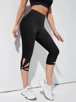 400 Women'S Cut-Out Hollow Leggings, Polyester Blend, High-Waist Skinny Stretch Capri Pants, Solid Color, Knit Fabric,
