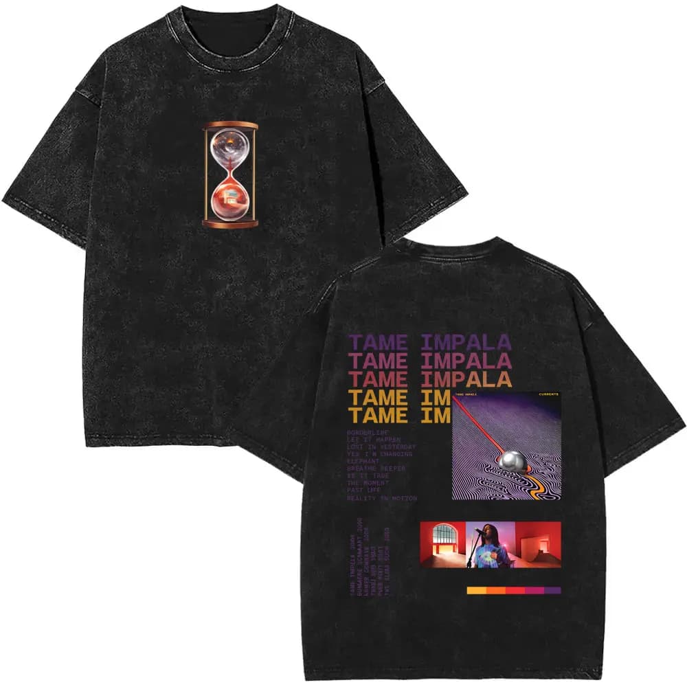 Washed Vintage Pop Rock Band Tame Impala Currents Graphic Print T Shirt Men's Women Casual Cotton Oversized Short Sleeve T-shirt