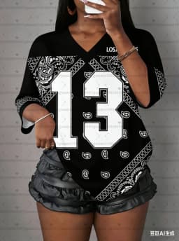 2026 Hot Selling Women NO.13 LOS ANGELES  Flower Paisley print V-Neck Short Sleeved baseball T-Shirt MEN Women Jersey T-Shirt