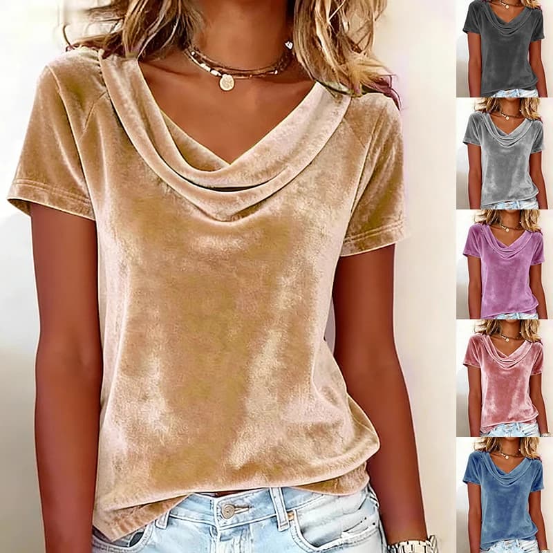 2026 New Women's Solid Color Casual Draped Neck Sexy Velvet Short Sleeve T-Shirt
