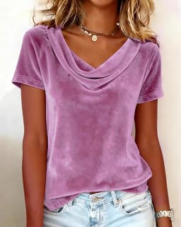 2026 New Women's Solid Color Casual Draped Neck Sexy Velvet Short Sleeve T-Shirt