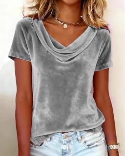 2026 New Women's Solid Color Casual Draped Neck Sexy Velvet Short Sleeve T-Shirt