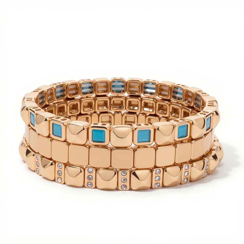 BEUTIFOR 6mm Gold Color Stone Charm Beaded Bangle For Women Elastic Beads Bracelets