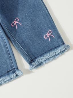 2pcs Summer Baby Girls Ribbed Tank Top Set, 9-12M, Pink Sleeveless Top Bow Embroidered Frayed Hem Jeans, Casual Daily/Party We