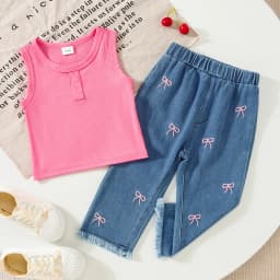 2pcs Summer Baby Girls Ribbed Tank Top Set, 9-12M, Pink Sleeveless Top Bow Embroidered Frayed Hem Jeans, Casual Daily/Party We