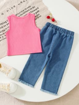 2pcs Summer Baby Girls Ribbed Tank Top Set, 9-12M, Pink Sleeveless Top Bow Embroidered Frayed Hem Jeans, Casual Daily/Party We