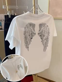 Angel Wings Hot-Pressed Print T-Shirt, Front & Back Design, Casual Unisex Crew Neck Short Sleeve, Versatile Summer Daily Top