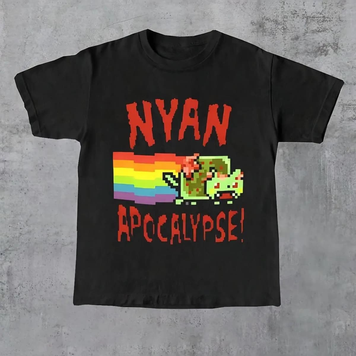 Y2K Retro Game T-Shirt Featuring A NYAN Apocalypse Rainbow Made From Soft Knitted Fabric. This Unisex Black Short-Sleeve Shirt