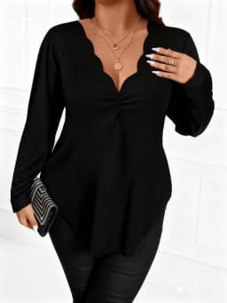 Women's Plus Size Scalloped V-Neck Long Sleeve Blouse for Elegant and Chic Style