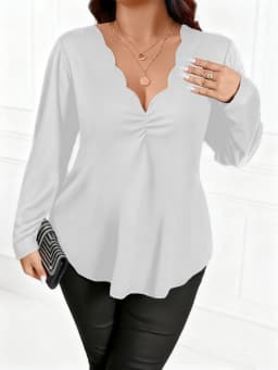 Women's Plus Size Scalloped V-Neck Long Sleeve Blouse for Elegant and Chic Style