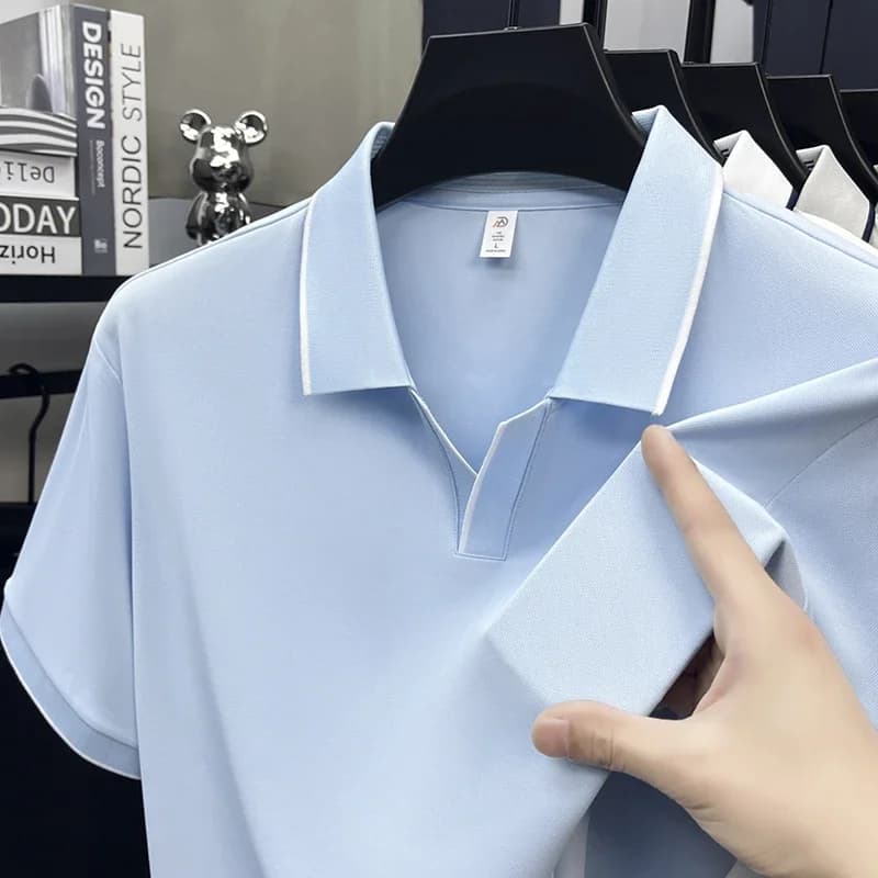 Mens Contrast Trim Polo Shirt Short Sleeve Turn Down Collar V Neck Casual Business Top For Daily Wear