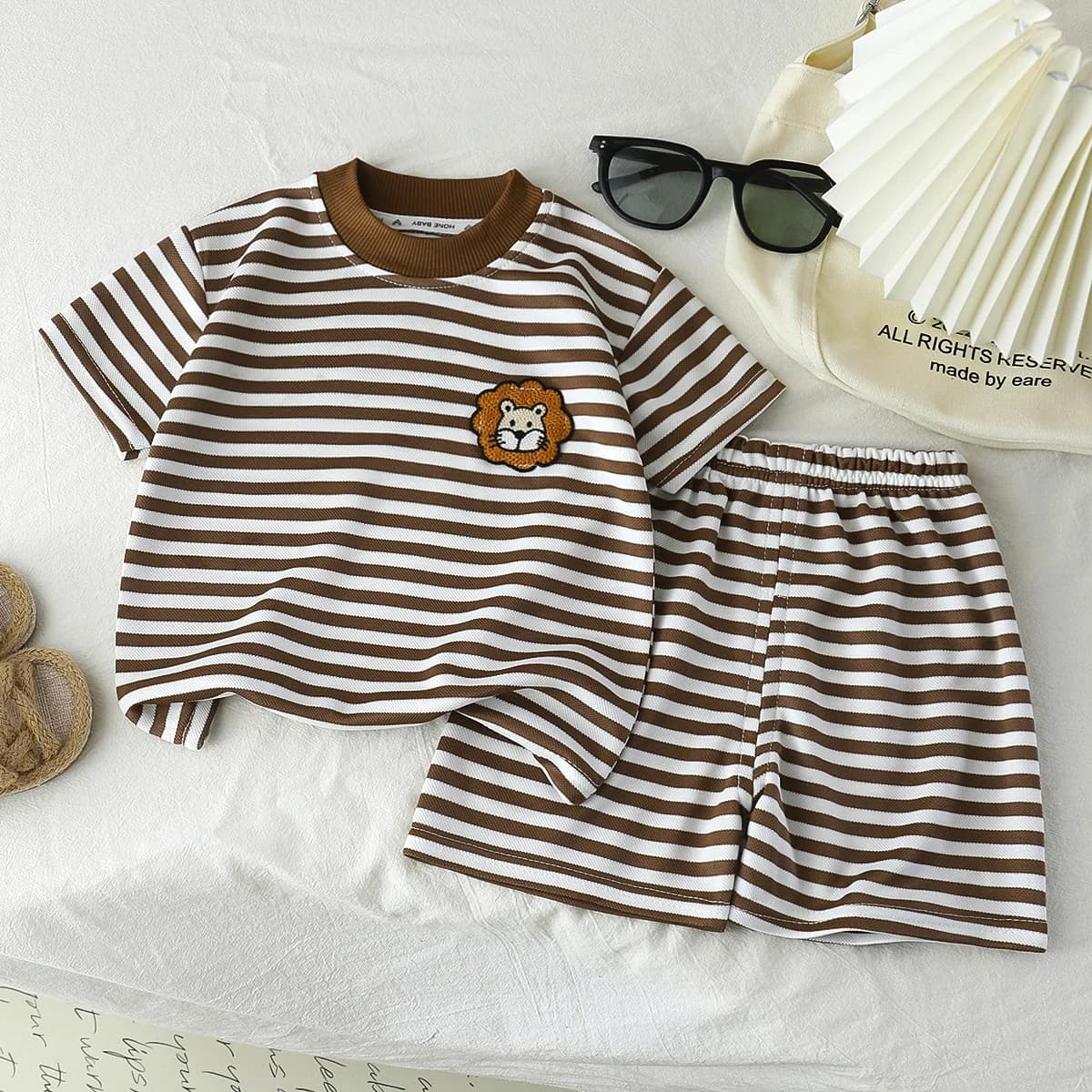 2PCS/Set Summer Boys Short Sleeved Striped T-shirt+Shorts Cute Lion Round Neck Tracksuits Kids Suits