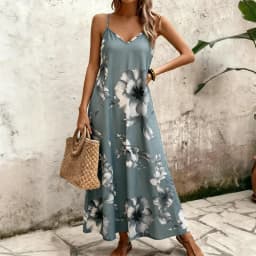 Plus size women's camisole skirt, floral print sleeveless skirt, summer beach leisure vacation Dress