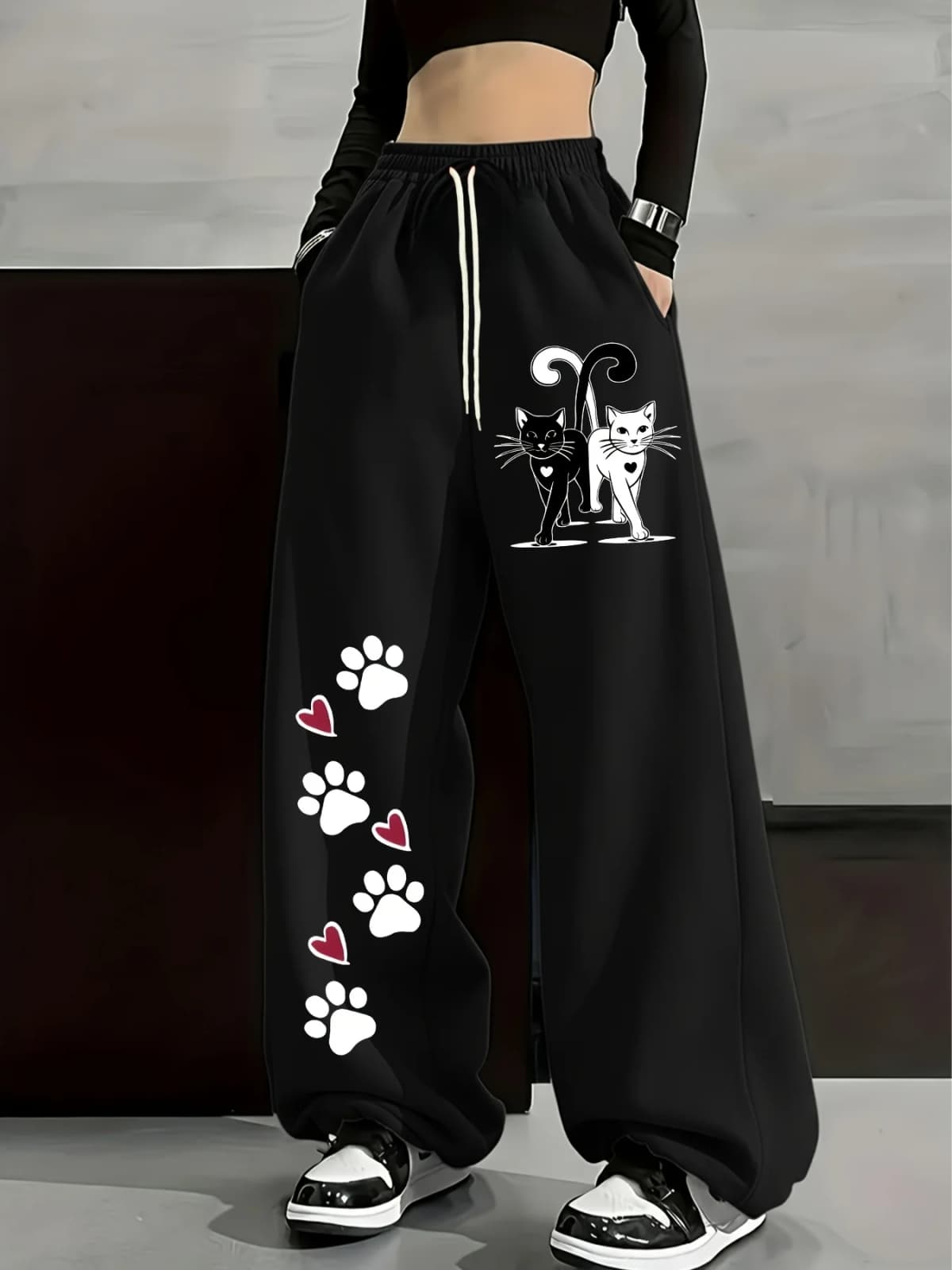 Women's Plus-size Street Style Casual Sweatpants with Cat Paw Print Spring/Autumn Fit Streetwear For Adults/Kids