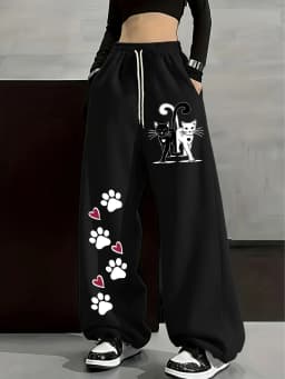 Women's Plus-size Street Style Casual Sweatpants with Cat Paw Print Spring/Autumn Fit Streetwear For Adults/Kids
