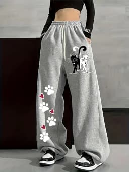 Women's Plus-size Street Style Casual Sweatpants with Cat Paw Print Spring/Autumn Fit Streetwear For Adults/Kids