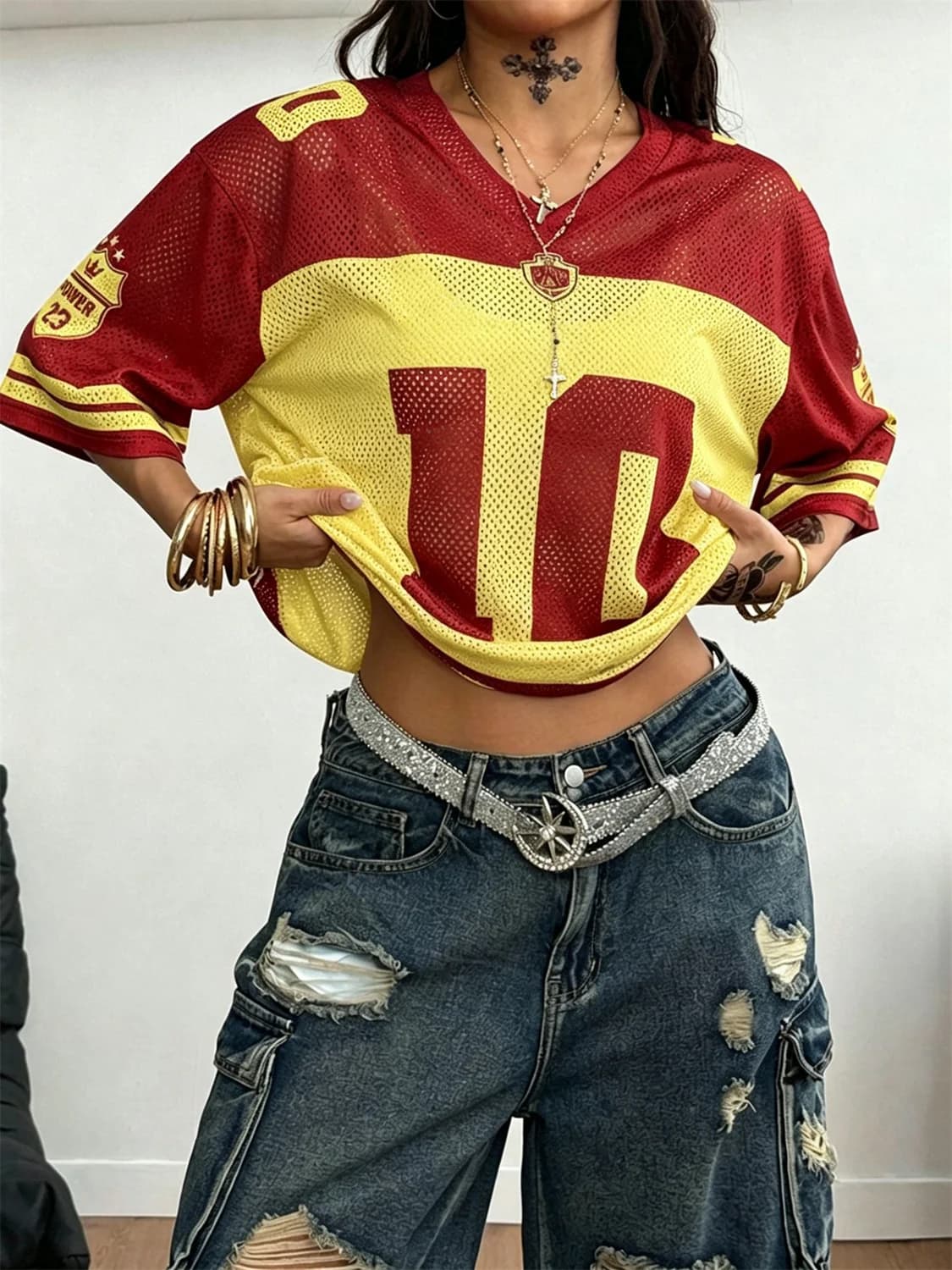2026 Retro Mesh Jersey Clothes - Oversized Y2K Streetwear for Women, Casual Sporty Top for Summer, Party & Daily Wear