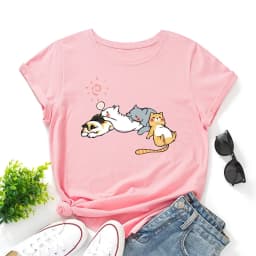Women's Cute Sleeping Cat Print T-shirt Short-sleeved Round Neck, Casual Summer Women's Top Graphic T Shirts Aesthetic Clothes