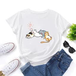 Women's Cute Sleeping Cat Print T-shirt Short-sleeved Round Neck, Casual Summer Women's Top Graphic T Shirts Aesthetic Clothes