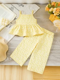 2pcs Summer Girls Jacquard Cami Set, 2-7Y, Yellow Ruffle Hem Peplum Top + Wide Leg Pants, Casual Daily/Party/Outdoor Wear, Breat