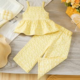 2pcs Summer Girls Jacquard Cami Set, 2-7Y, Yellow Ruffle Hem Peplum Top + Wide Leg Pants, Casual Daily/Party/Outdoor Wear, Breat