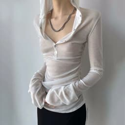 Summer Thin Women's Long Sleeve Top Streetwear Y2k Sexy See Through Hooded T-shirts Drawstring Slim Sun Protection White Tees