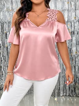 Plus Size Lace Insert Peplum Blouse Elegant Evening Party Top Glamorous Fit
