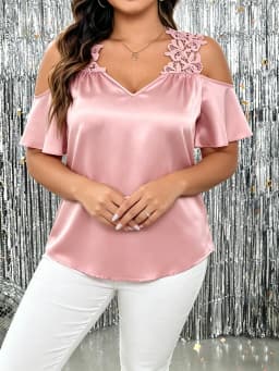 Plus Size Lace Insert Peplum Blouse Elegant Evening Party Top Glamorous Fit