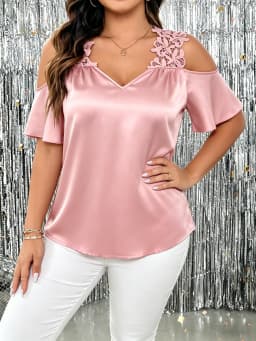 Plus Size Lace Insert Peplum Blouse Elegant Evening Party Top Glamorous Fit