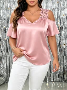 Plus Size Lace Insert Peplum Blouse Elegant Evening Party Top Glamorous Fit