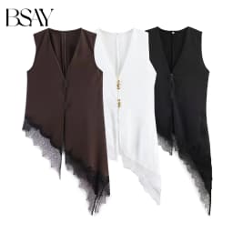 BSAY Women's Fashion Tank 2026 Spring Summer New Sleeveless V-neck Lace Trimmed Irregular Hem Satin Vest Chic Ladies Tops Mujer