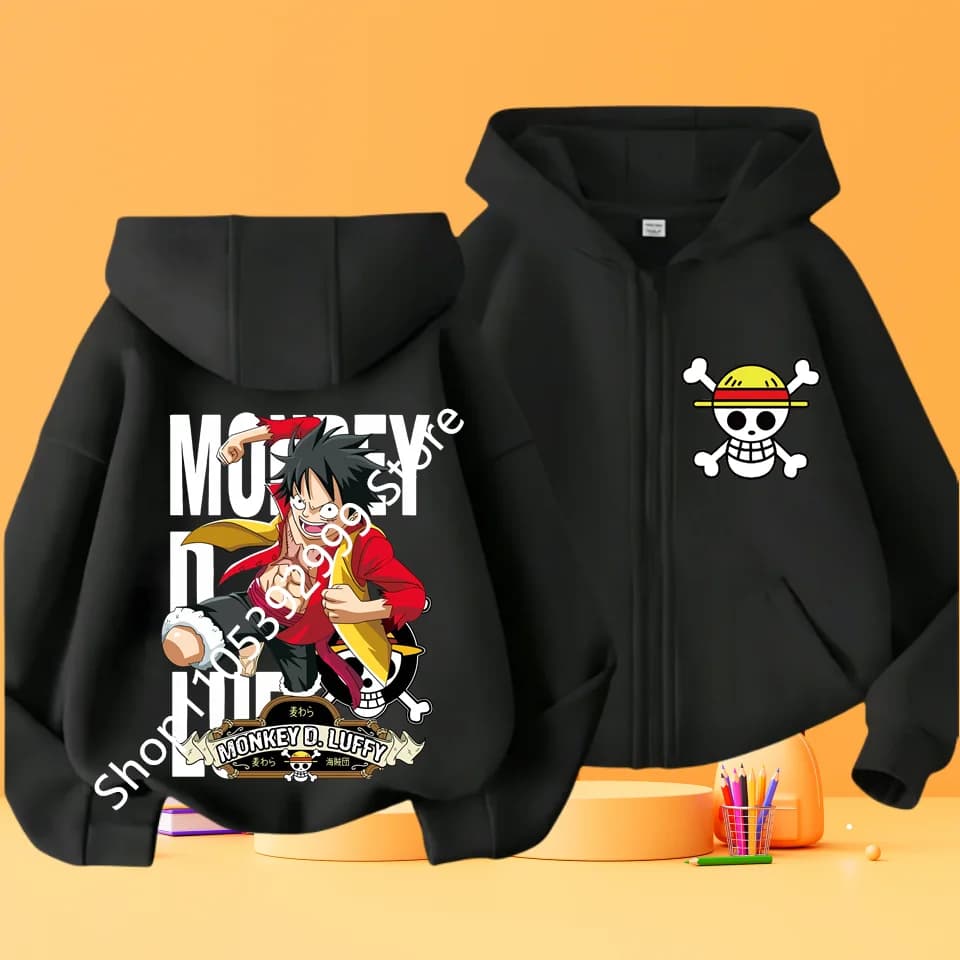 2026 New Kids Anime One Piece Luffy Zip Up Hoodie Jacket 3-12Y Casual Long Sleeve Sweatshirt Autumn