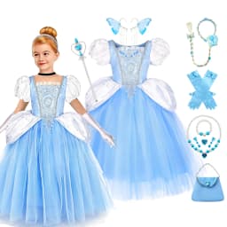 Girls Cinderella Princess Dress Puff Sleeve Embroidery Sequins Tulle Ball Gown Halloween Cosplay Birthday Party Carnival Costume