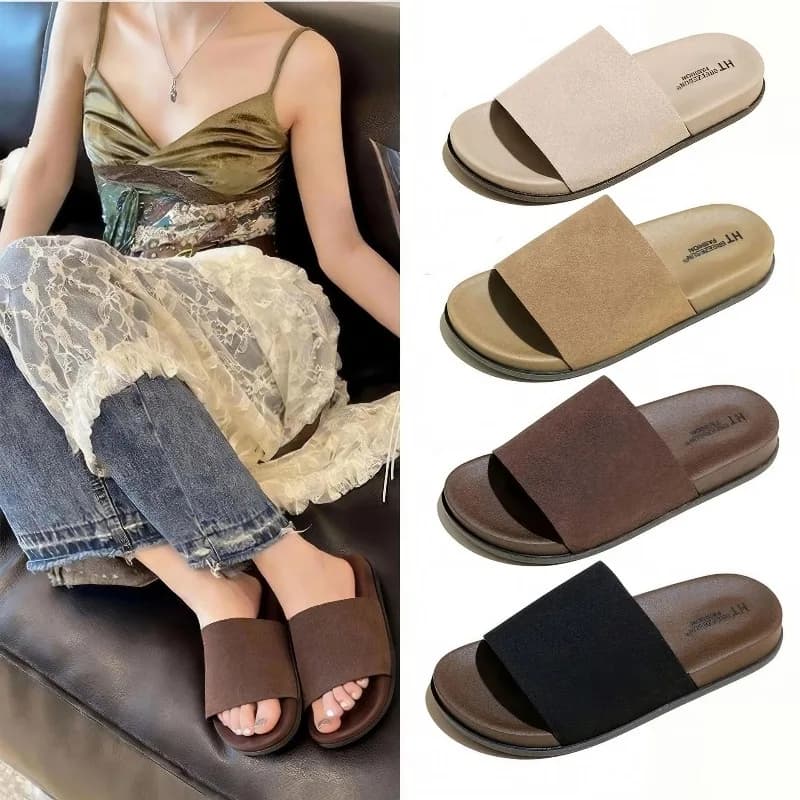 2026 Fashion Simple Suede Slip-On Anti-Slip Shoes for Women Summer Outing Flat Open-Toe Birken-Style Half Slippers