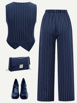Kids Girls 2-Piece Striped V-Neck Button down Vest & Wide Leg Pants Set Elegant Office Style Outfit