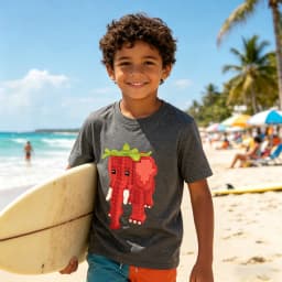 Strawberry Elephant Pixel Print Kids T-Shirt Loose Breathable Cotton Soft Machine Washable for School Casual Sport Daily Wear