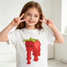 Strawberry Elephant Pixel Print Kids T-Shirt Loose Breathable Cotton Soft Machine Washable for School Casual Sport Daily Wear