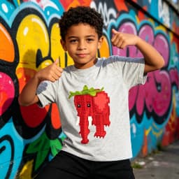 Strawberry Elephant Pixel Print Kids T-Shirt Loose Breathable Cotton Soft Machine Washable for School Casual Sport Daily Wear